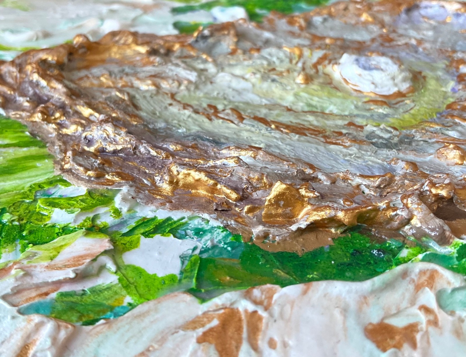 Original Abstract Oyster Texture Painting Gold Impasto Wall Art 8×6.4in Signed