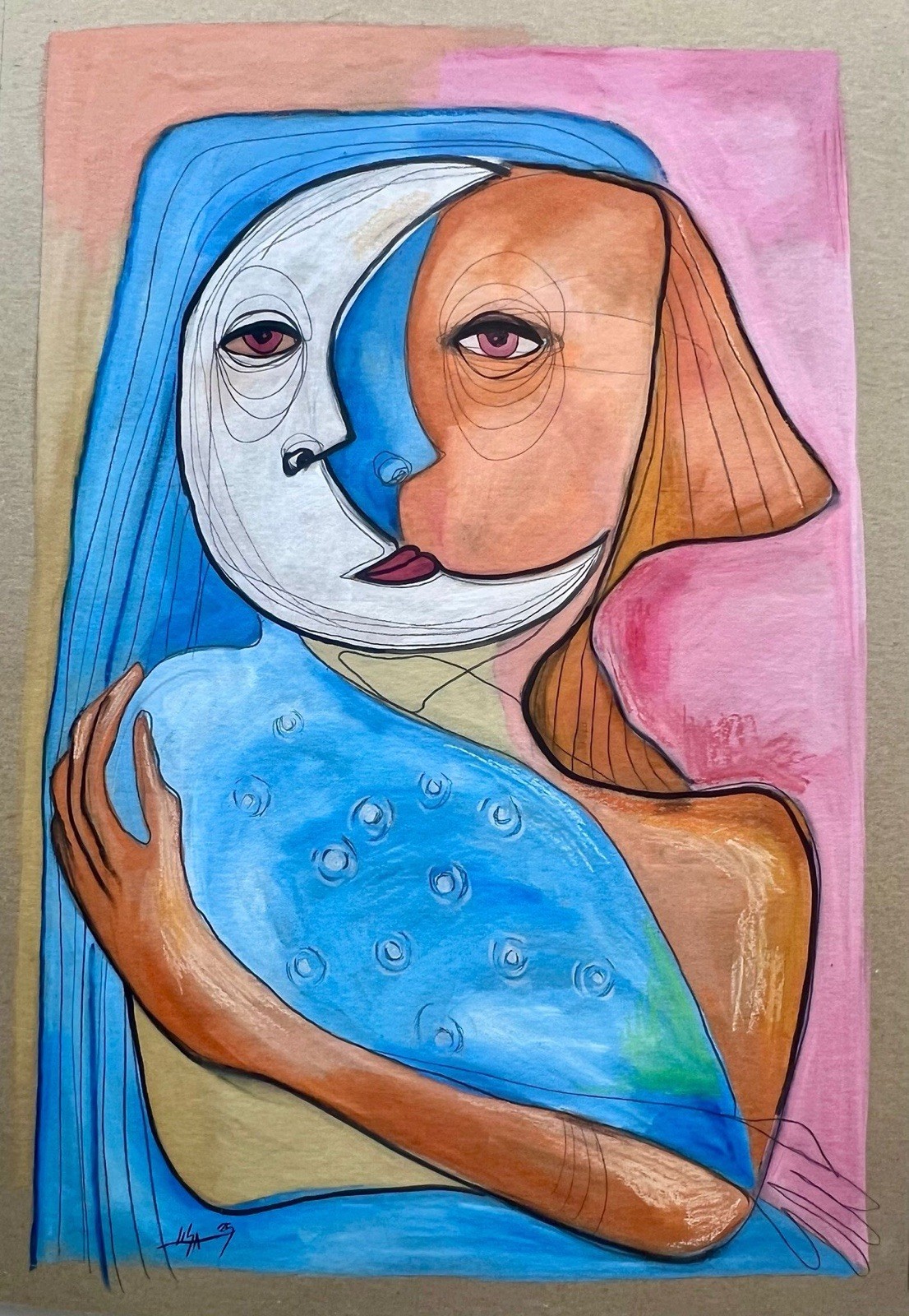 Original Abstract Cubist Painting – Oil, Graphite & Pastel on Board 23”x33”