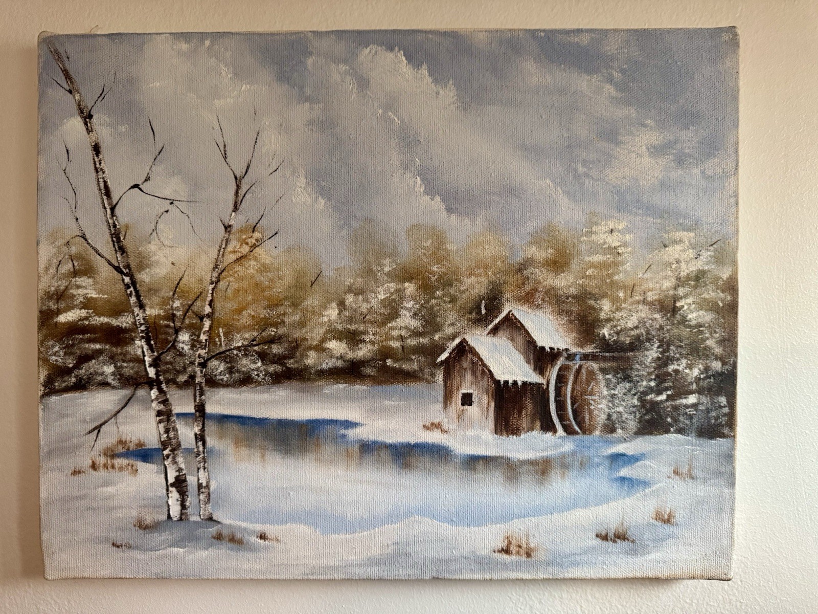 Vintage Winter Landscape Barn Snow Scene Birch Trees Oil Painting Canvas 11×14