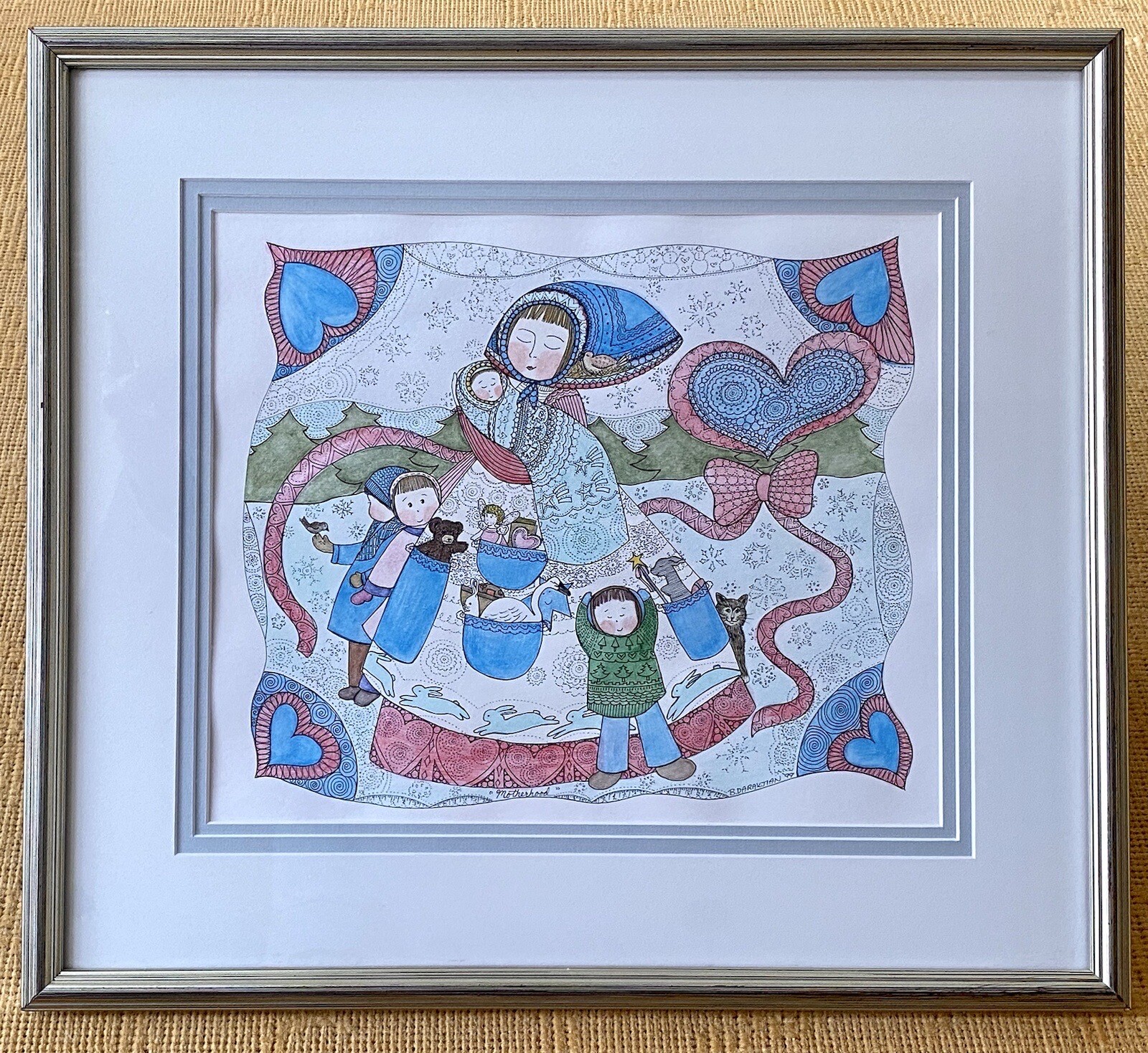 Brenda Darakjian Watercolor Pen Framed Original Wall Art MOTHERHOOD Signed 18×16