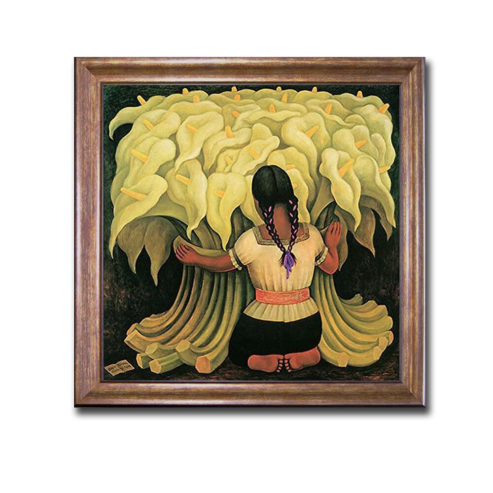 Bronze-Framed Girl With Lilies by Rivera Canvas Art (17 in x 17 in Framed Size)