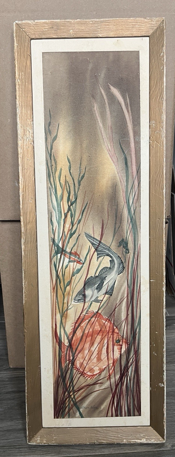 Vintage Original Esther Ware Water color “tropical fish“ Framed 9″ x 25″ MCM