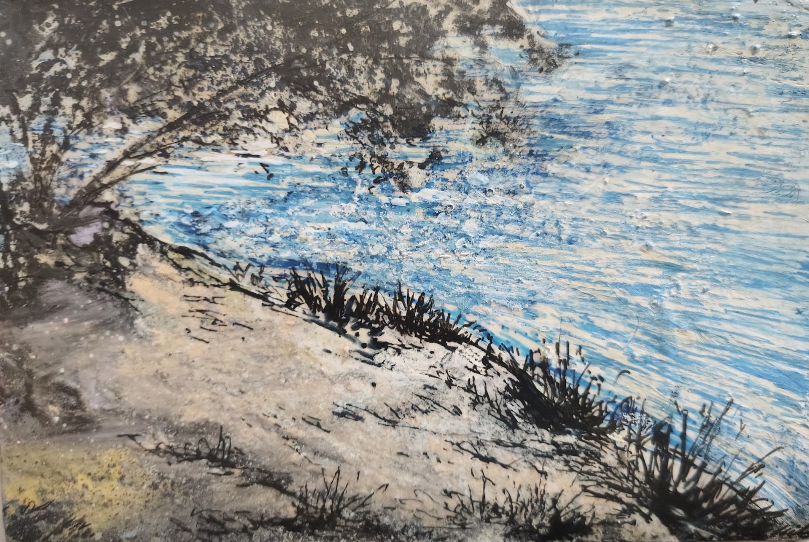 6 inch x 4 inch – Lake Scene – Mixed Media Mini Painting by A. Avila