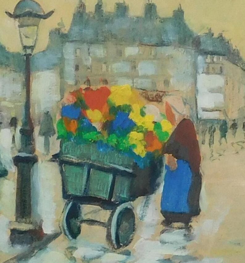 Israel Abramovsky Oil on Paper Framed- The Paris Flower Seller, Circa 1920-1930