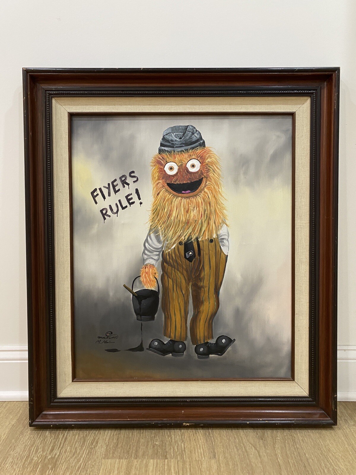 Gritty Philadelphia Flyers Upcycled Thrift oil painting vintage art Mike Morris