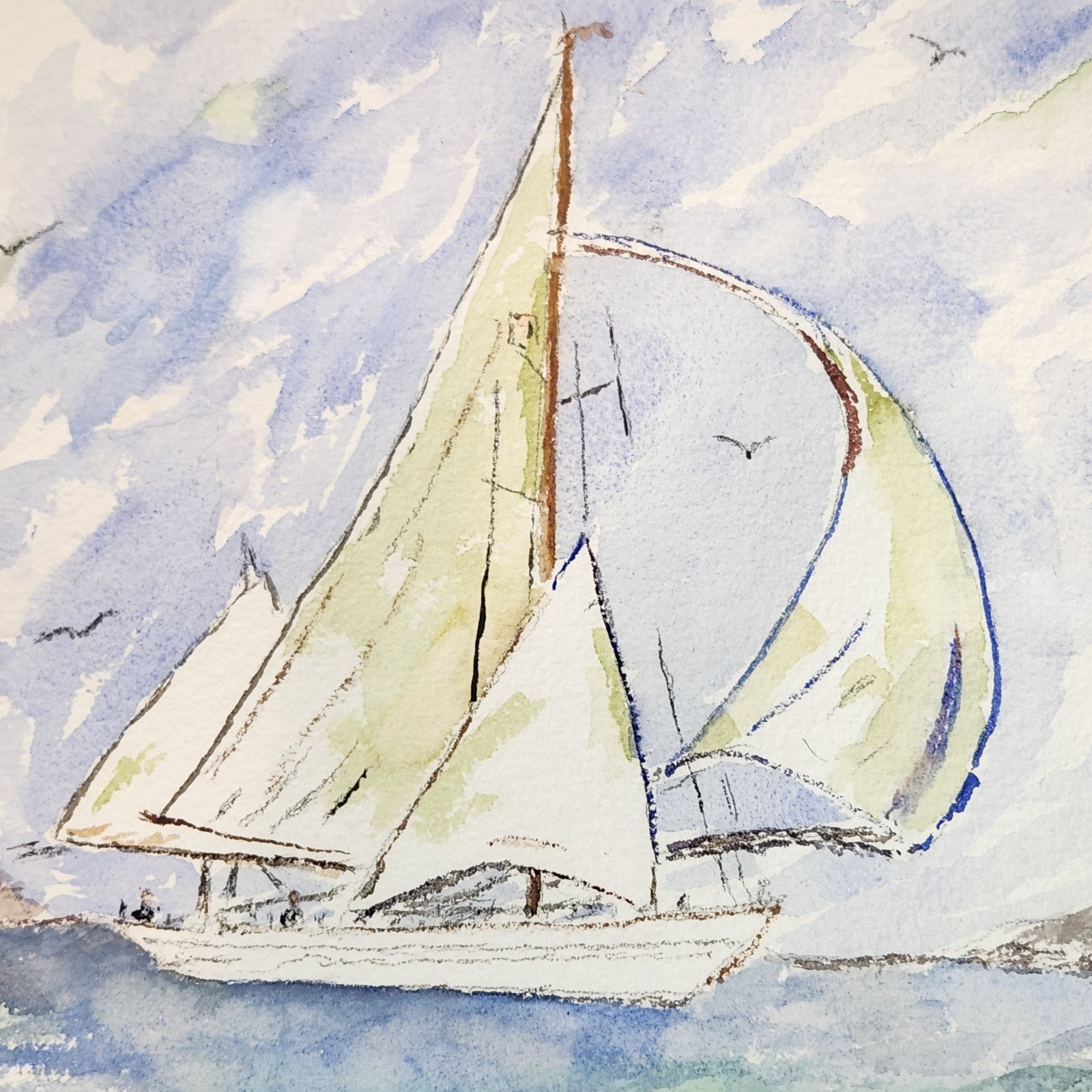 Coastal Sailboat & Lighthouse Watercolor Painting Signed Framed 17×23 Nautical