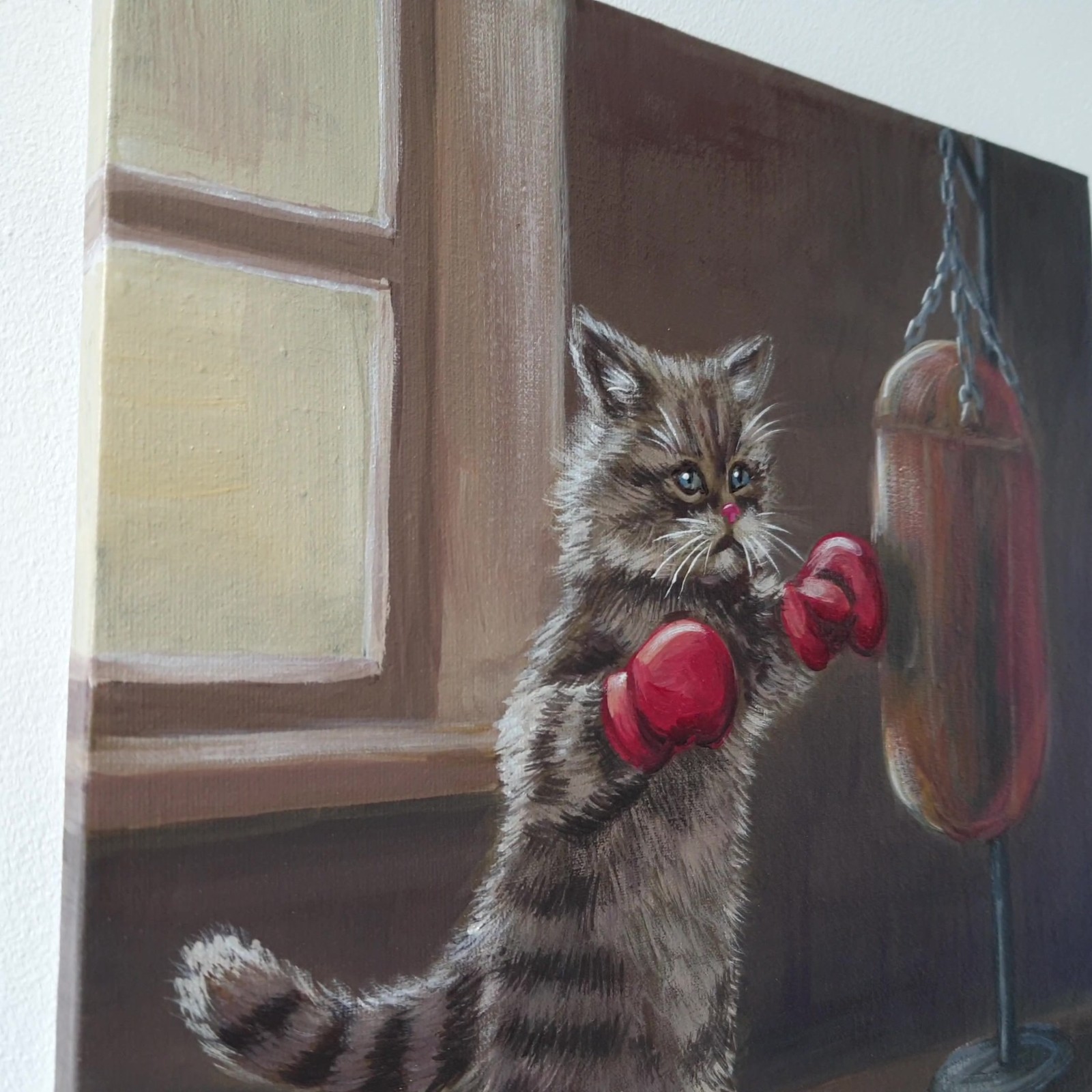 Funny Cat Boxing Oil Painting Original Animal Art Canvas Cute Kitten 10×10