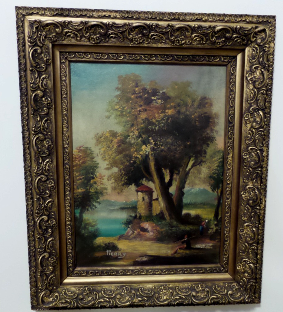Vintage Canvas Oil Painting Scenic Framed 18″x22″ Wood Gesso frame signed