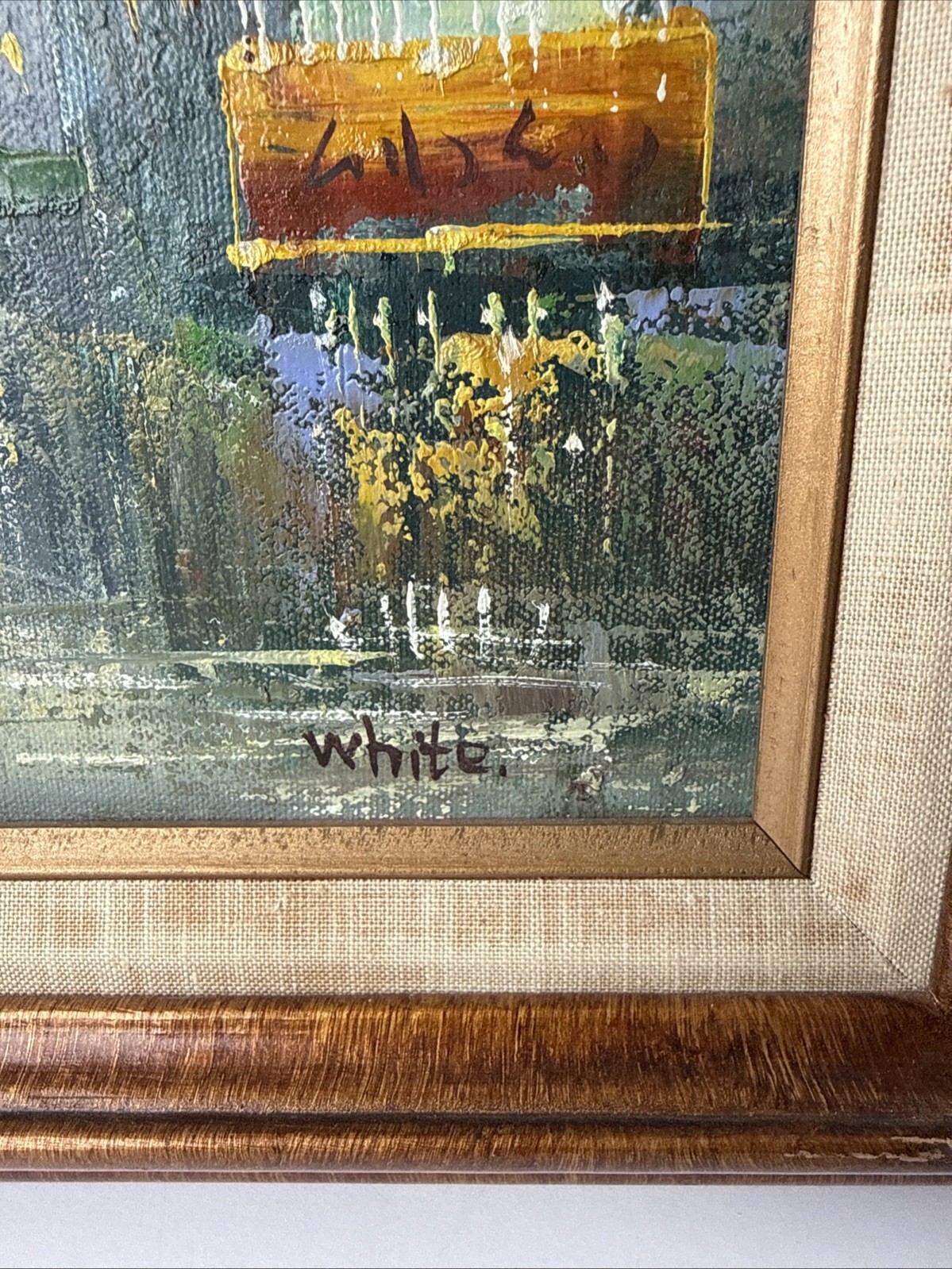 Vintage Oil Painting on Canvas Paris Street Scene Signed White Framed 17″×14″