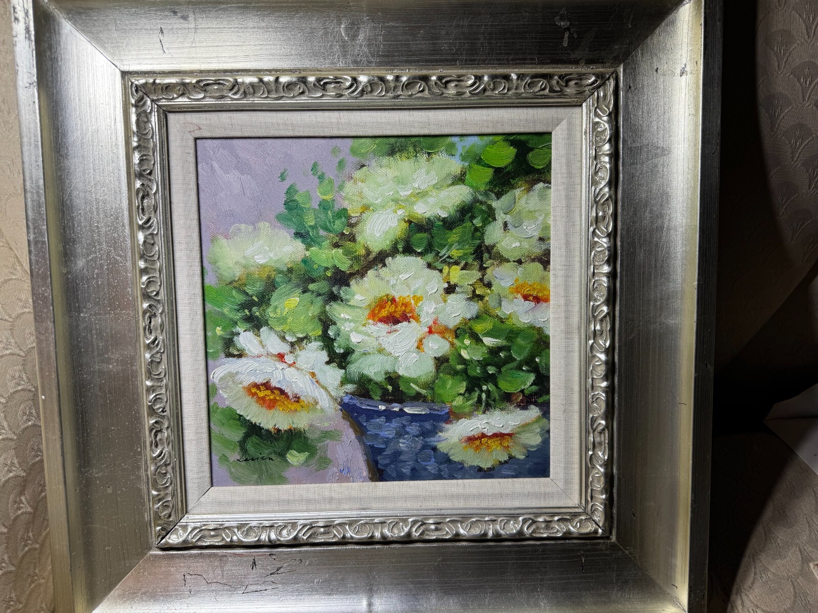 «Flowers In Blue Basket Scene» Oil On Canvas Painting – Signed And Framed