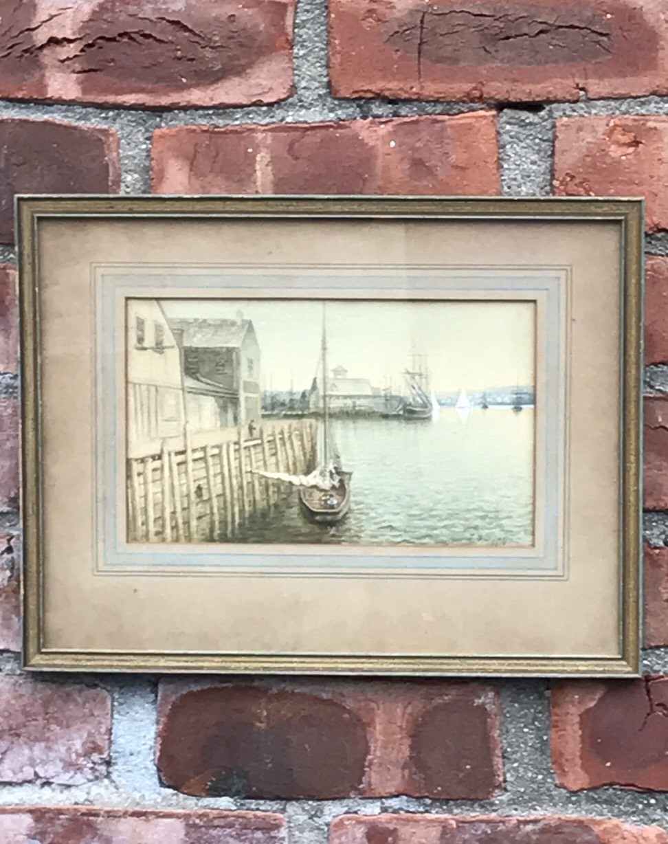 1894 New England Coastal Harbor Fishing Port Painting Boston Massachusetts Label