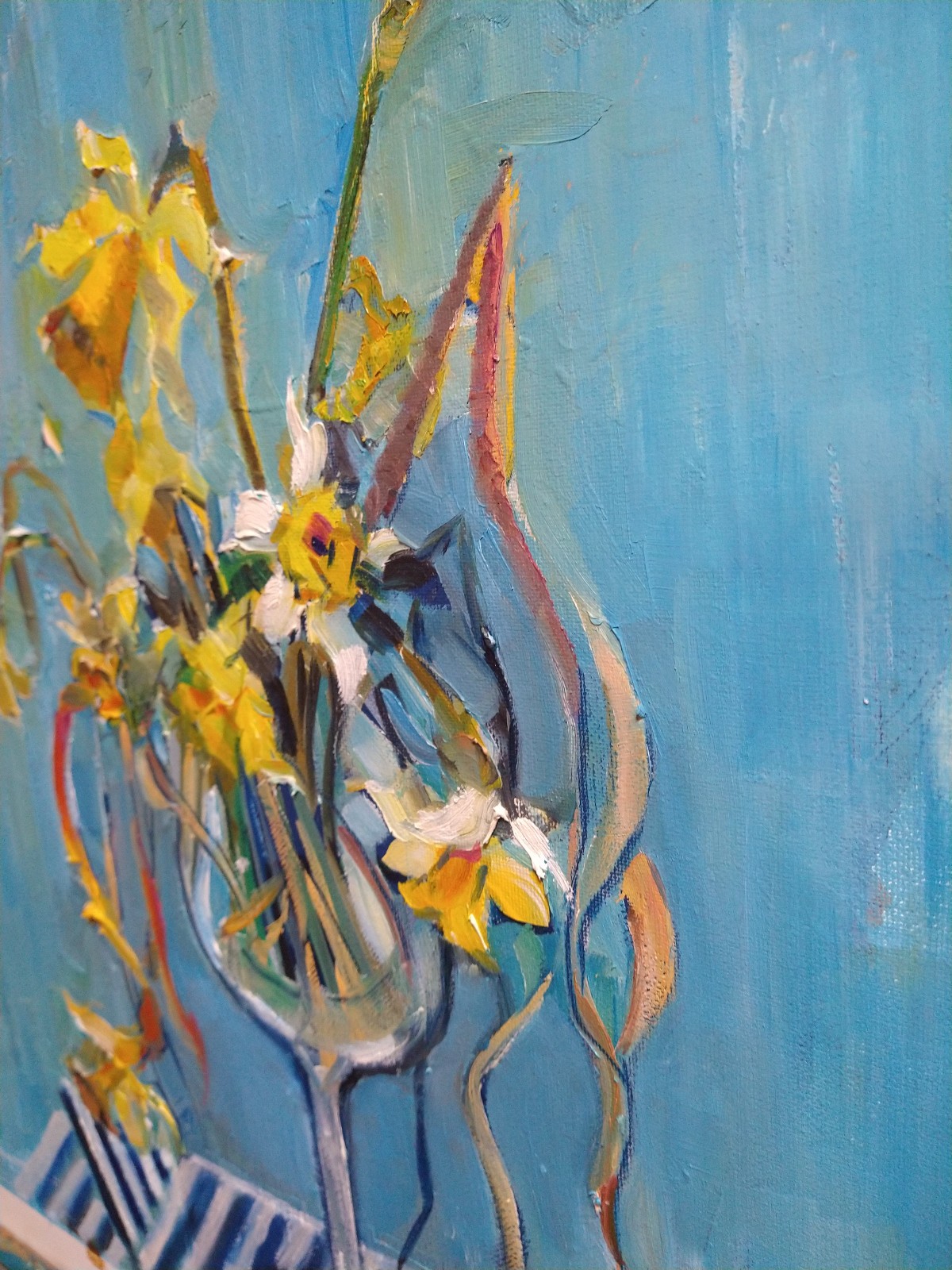 Original oil Still life 20″x20″, Flowers, Daffodils, Blue, Contemporary art