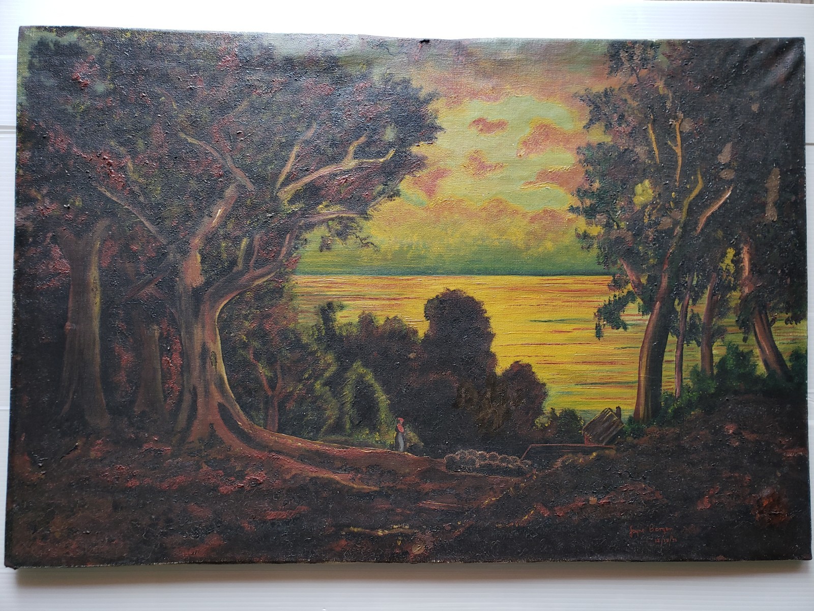 Old 1931 Plein Air Painting of Sunset Tonalism, Dramatic, Atmospheric Landscape