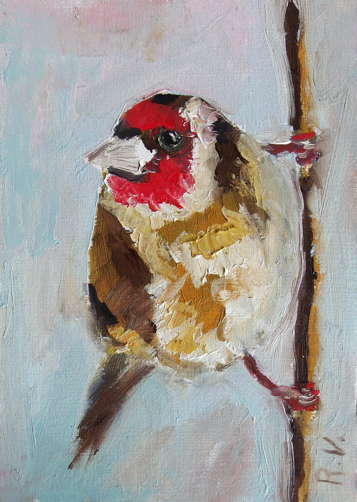 Small Bird Oil Painting, goldfinch, funny bird artwork, nice gift, 6×8″