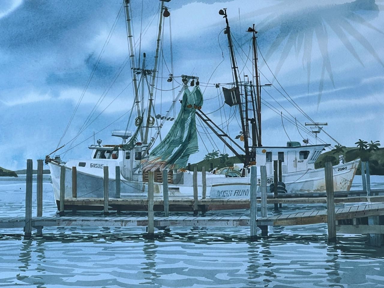 Florida Art Watercolor Painting Nautical Landscape Shrimp Boats by David Belling