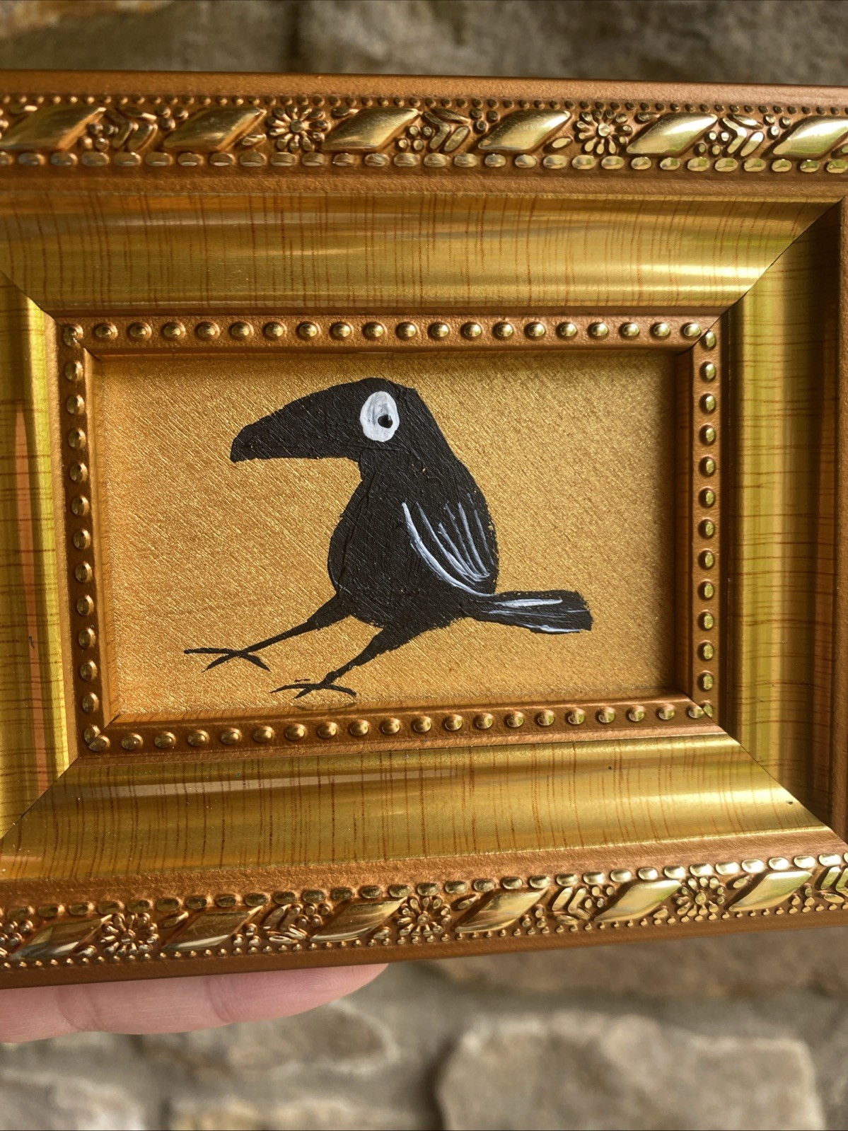 Whimsical Crow Raven Original Painting framed,gold,miniature,small,mini