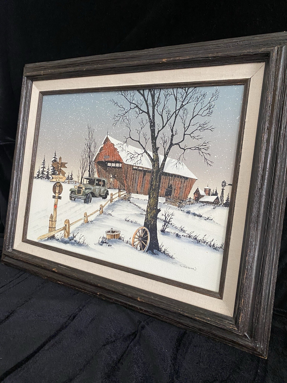 Vintage Winter Barn Farmhouse Canvas Print Framed Snow Scene Rustic Wall Art