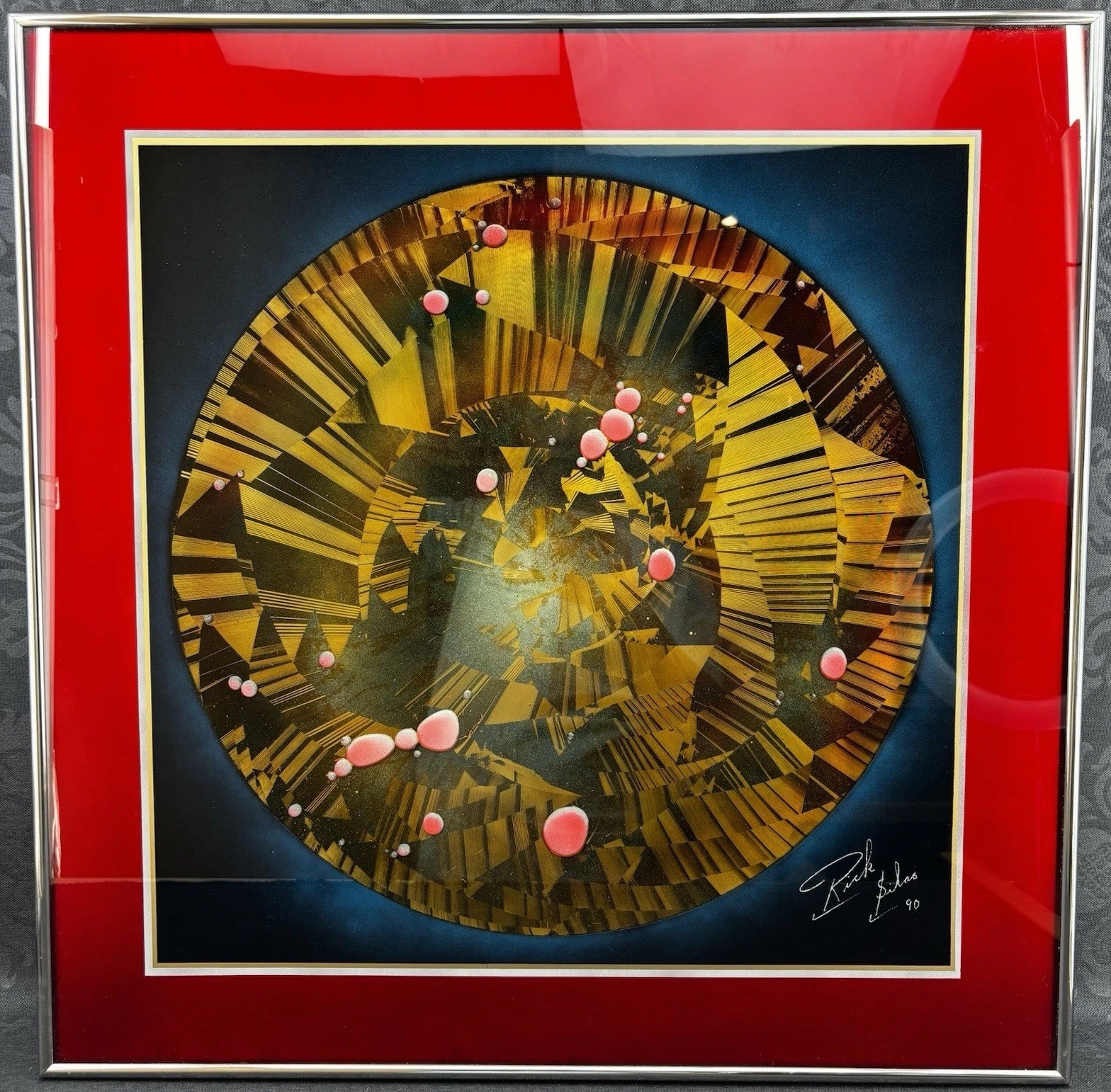 Rick Silas 1990 Spiral Artisan Glass Enamel Framed Art 24” Panel Abstract Gold