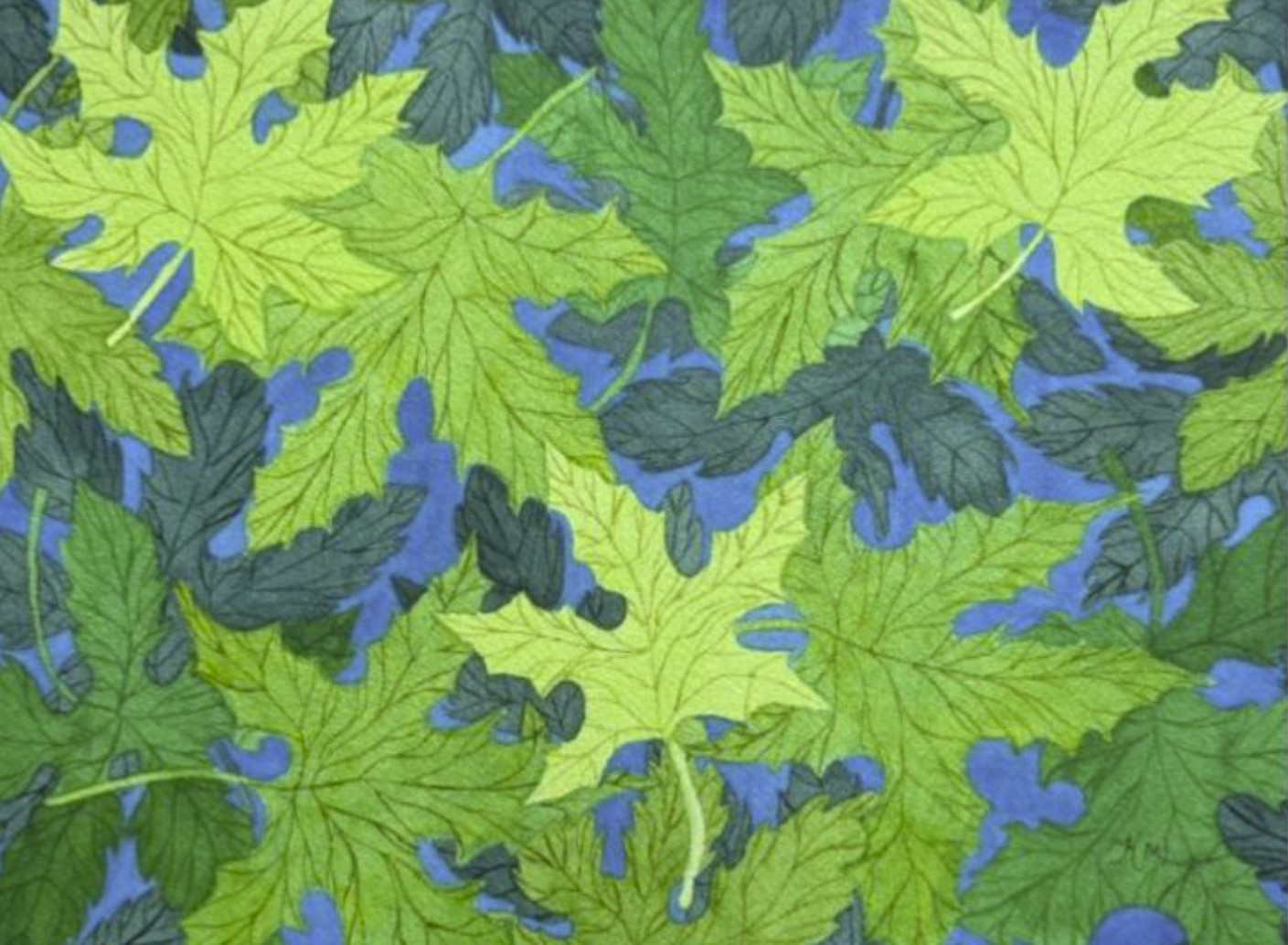 PAINTING WATERCOLOR 11X14 AND DOUBLE MAT 16X20 TREE LEAVES BLUE GREEN SPRING