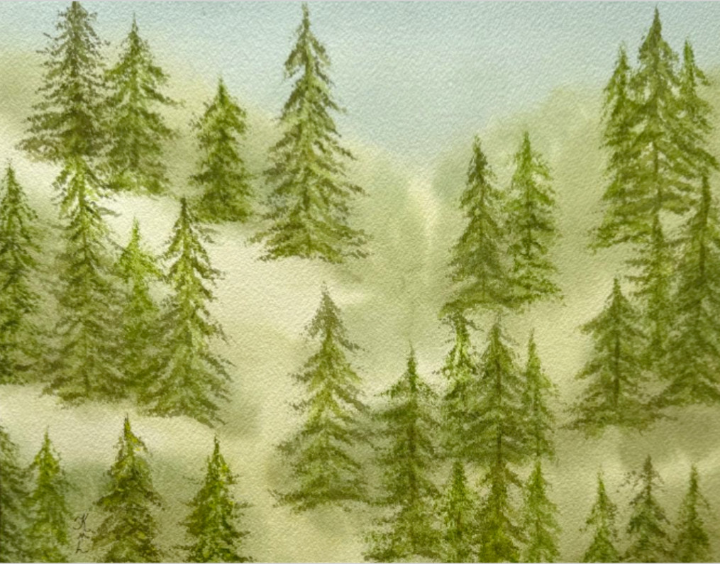 PAINTING WATERCOLOR TREES LANDSCAPE FOREST MISTY WINTER 11X14 & DOUBLE MAT 16X20