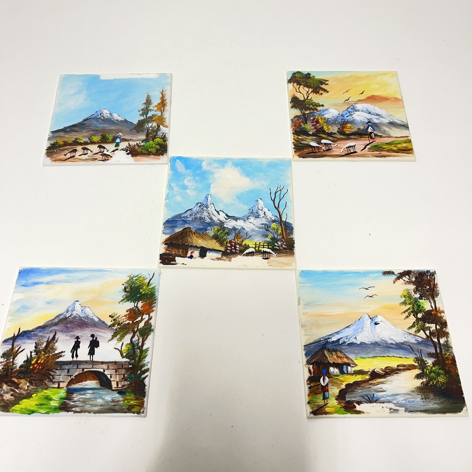 5 Ecuador Folk Art Hand Painted Plastic 4”x 4”Tiles Signed Los Altares Cotopaxi