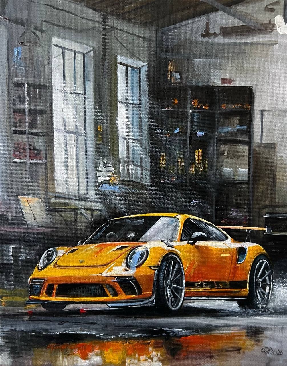 Original Oil Painting Yellow Sports Car Porsche Garage Wall Art