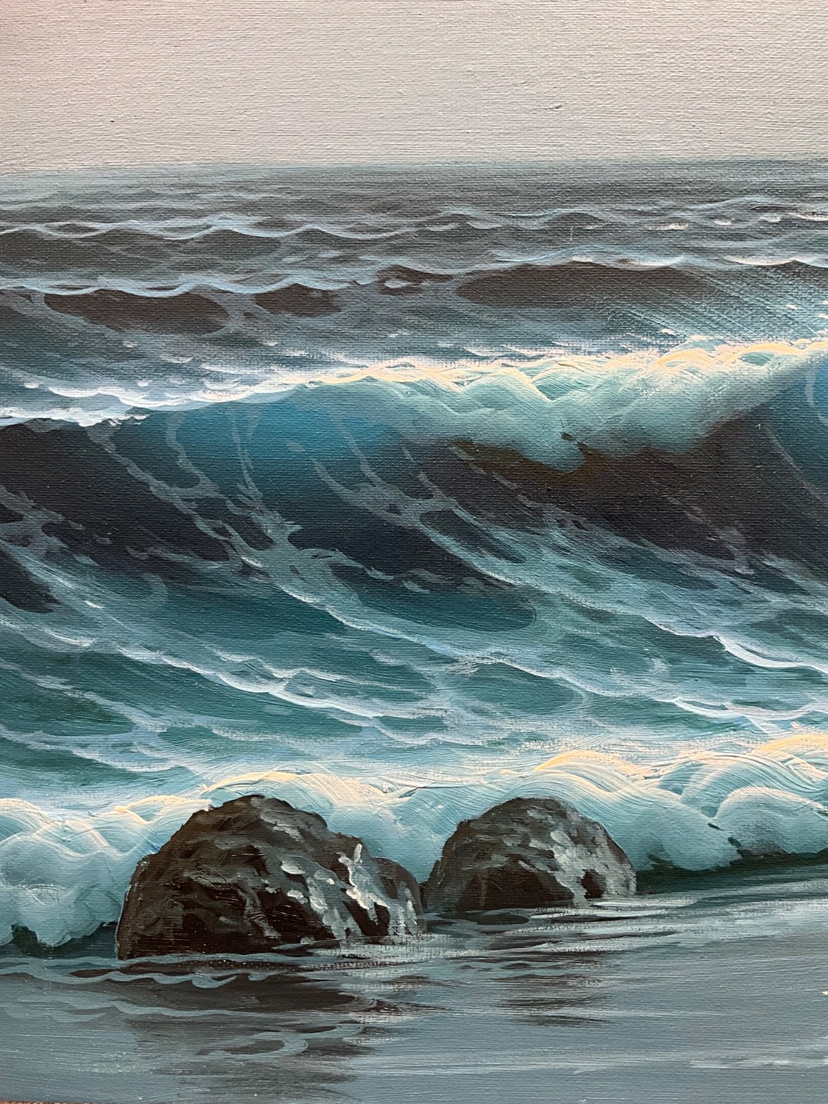 Oil Painting 24×36″ Ocean waves falling under night sky, lighthouse, seagulls