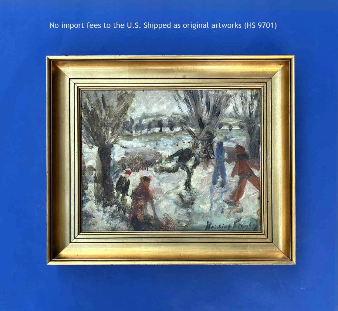 Kristian Frandsen ( 1902) The Ice Skaters c.1940 Oil on Panel Signed COA