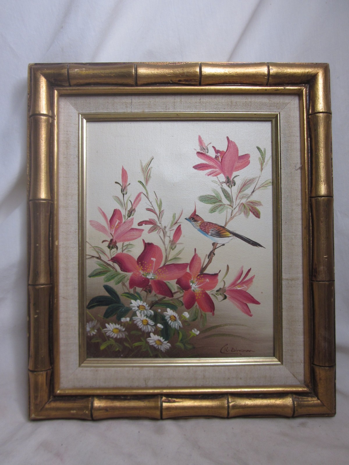 vintage framed & signed painting bird flower art C.K Chan ? bamboo style frame