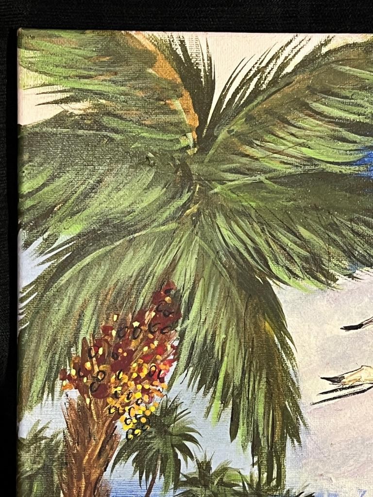 Vintage Nautical Beach Coastal Landscape Painting Seagulls Boat Dock Palm Trees