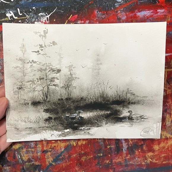 Landscape Original Ducks Painting Marsh Fog Art watercolor mix signed by artist
