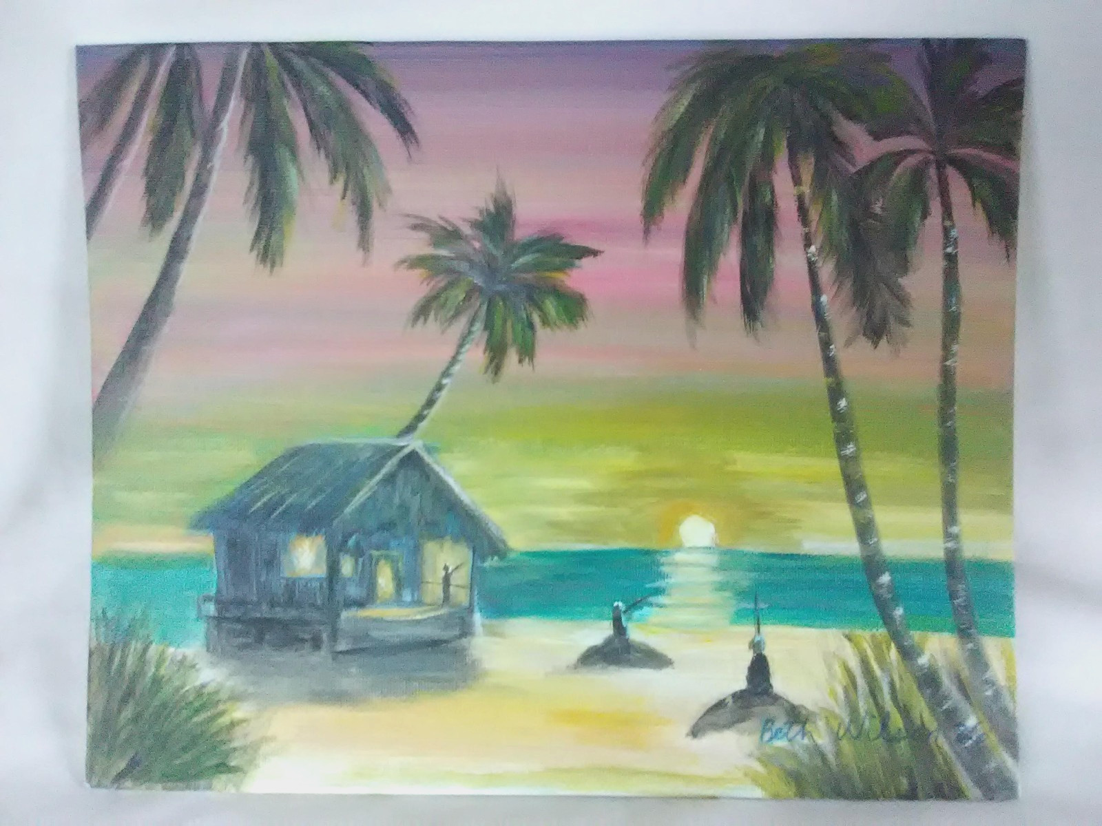 Original Art Hand Painting Coastal Seaside Night Fishing Wall Art Decor