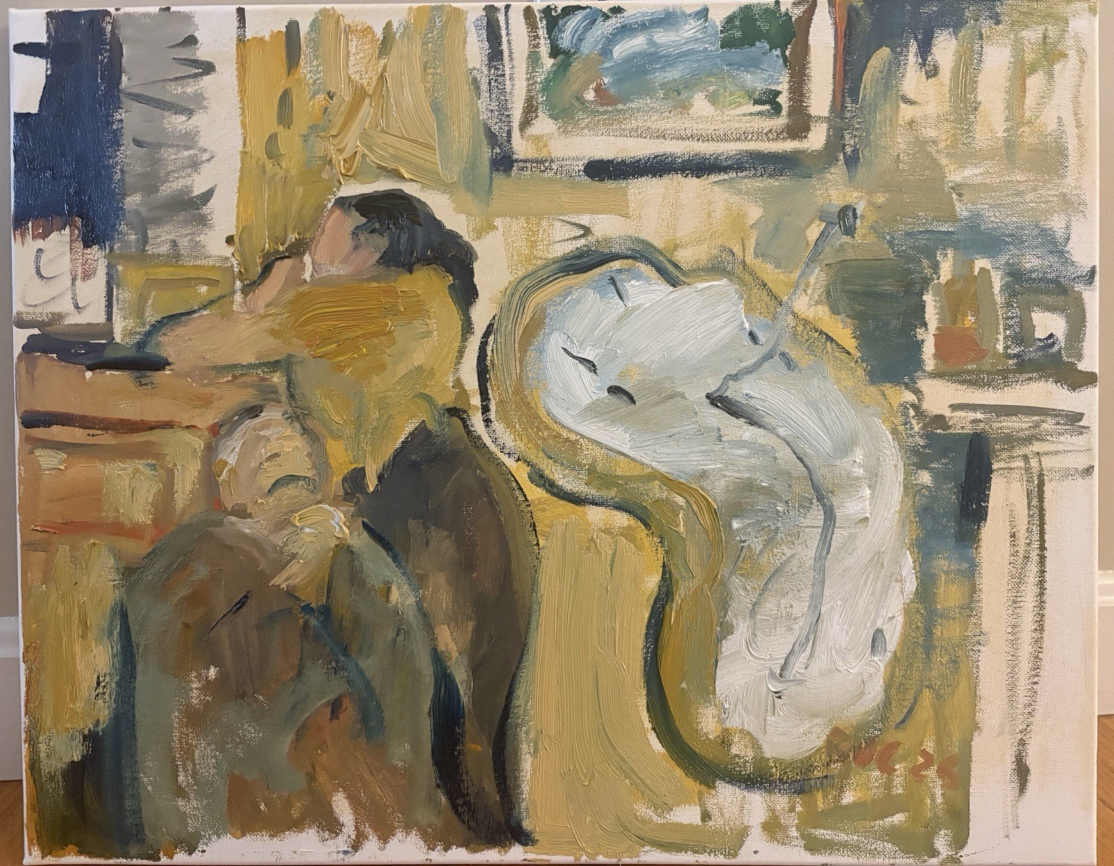 16”x20” Figures In Interior Cubist Surrealism Oil Painting Original Signed
