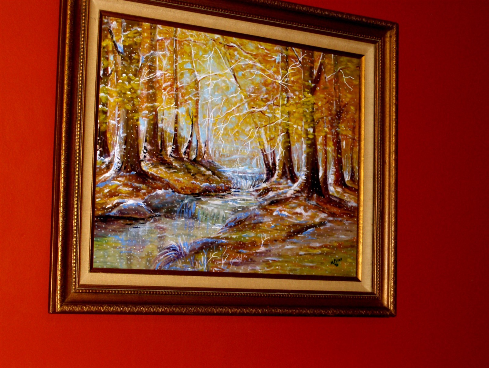 Impressionist Original Early Winter Landscape Ice Snow Trees Signed Oil Painting