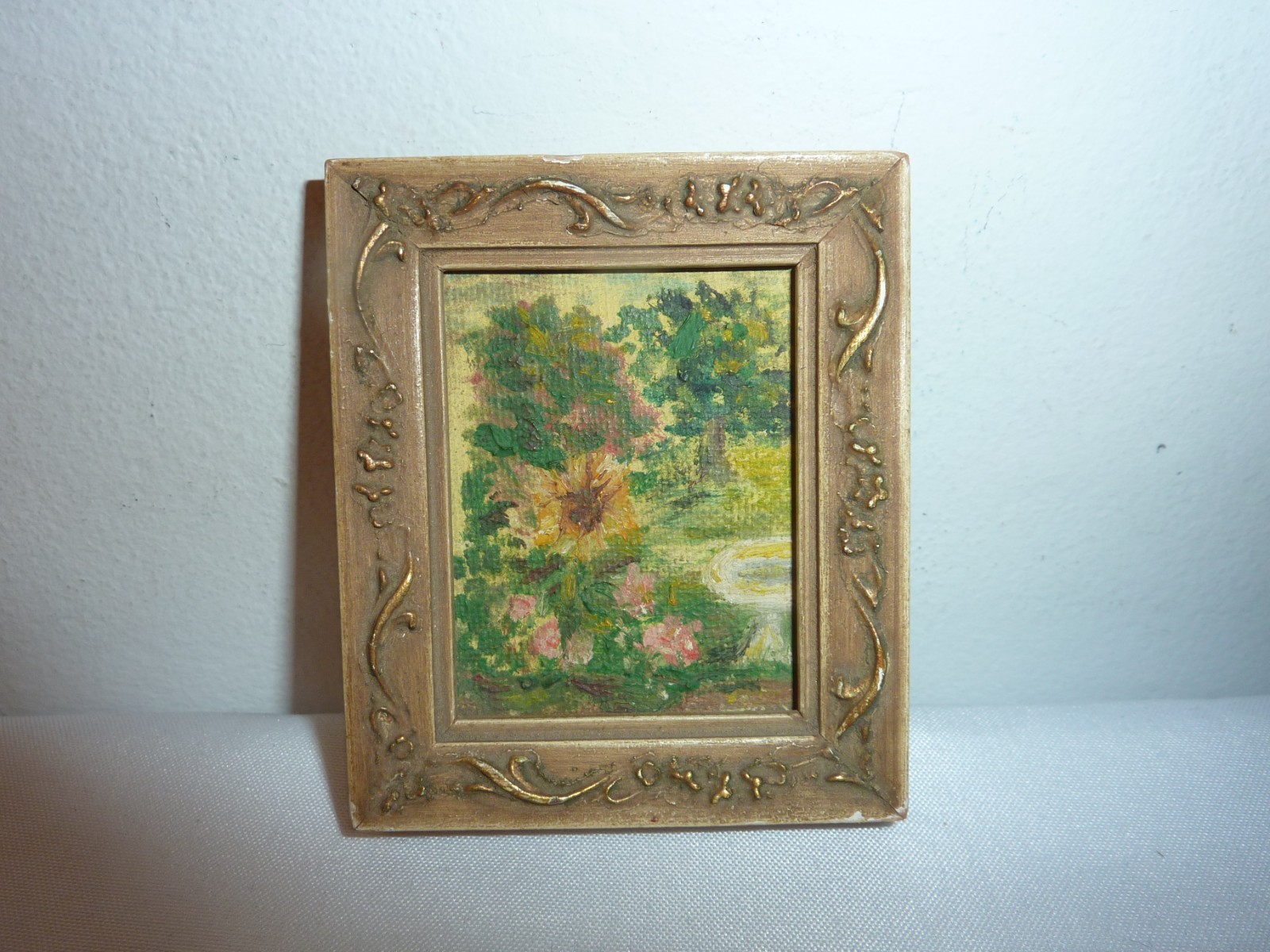 Sweet Vintage Miniature Original Landscape Acrylic Painting Wood Frame 2 X 2.5”