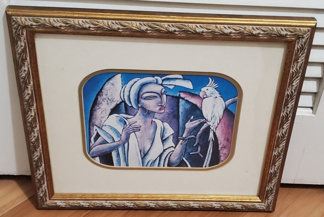 LaShun Beal Framed Woman & Bird Abstract Wall Art ~16 1/4″ X 14