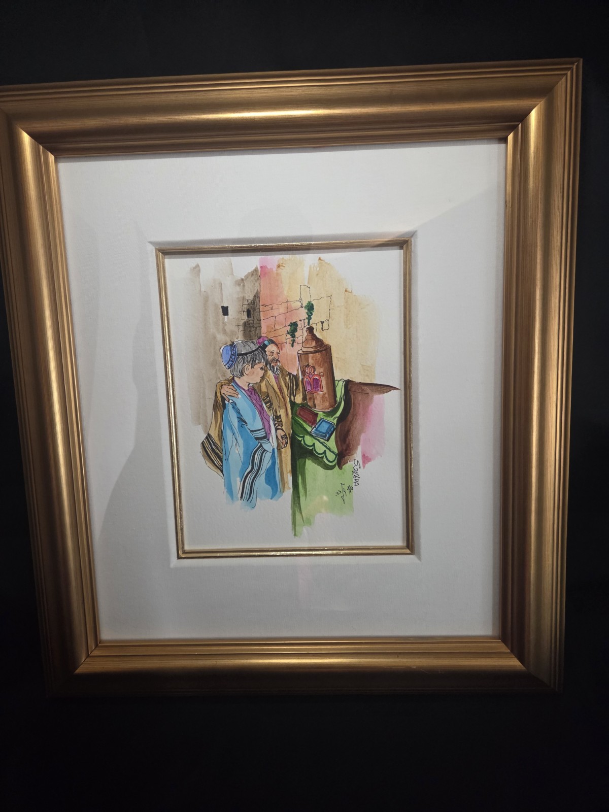 Framed Matted Signed Figures Painting on Paper, Illustration Art Portrait