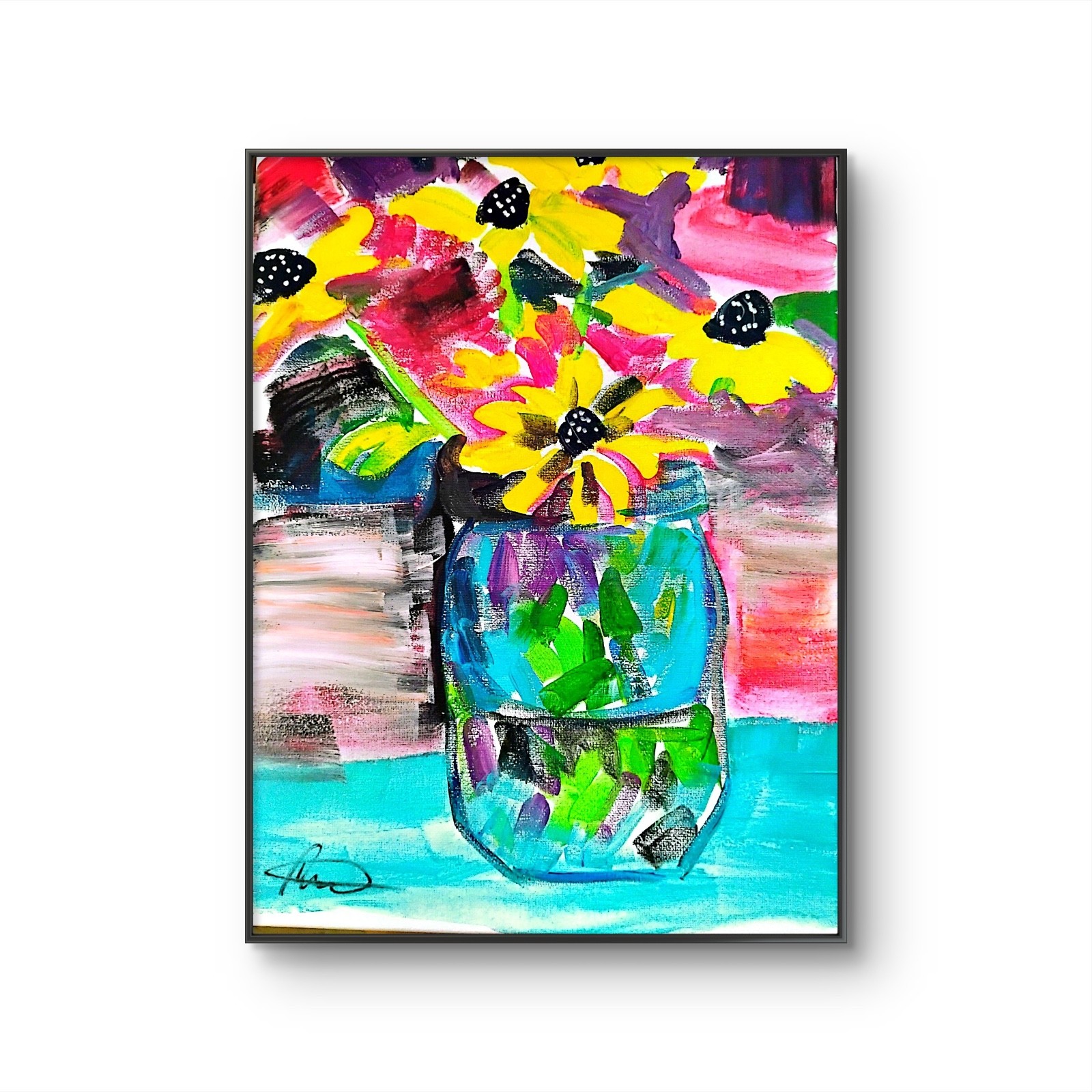 Original art Roses Jar 12X 16 CANVAS Colorful Modern Acrylic Painting on Canvas