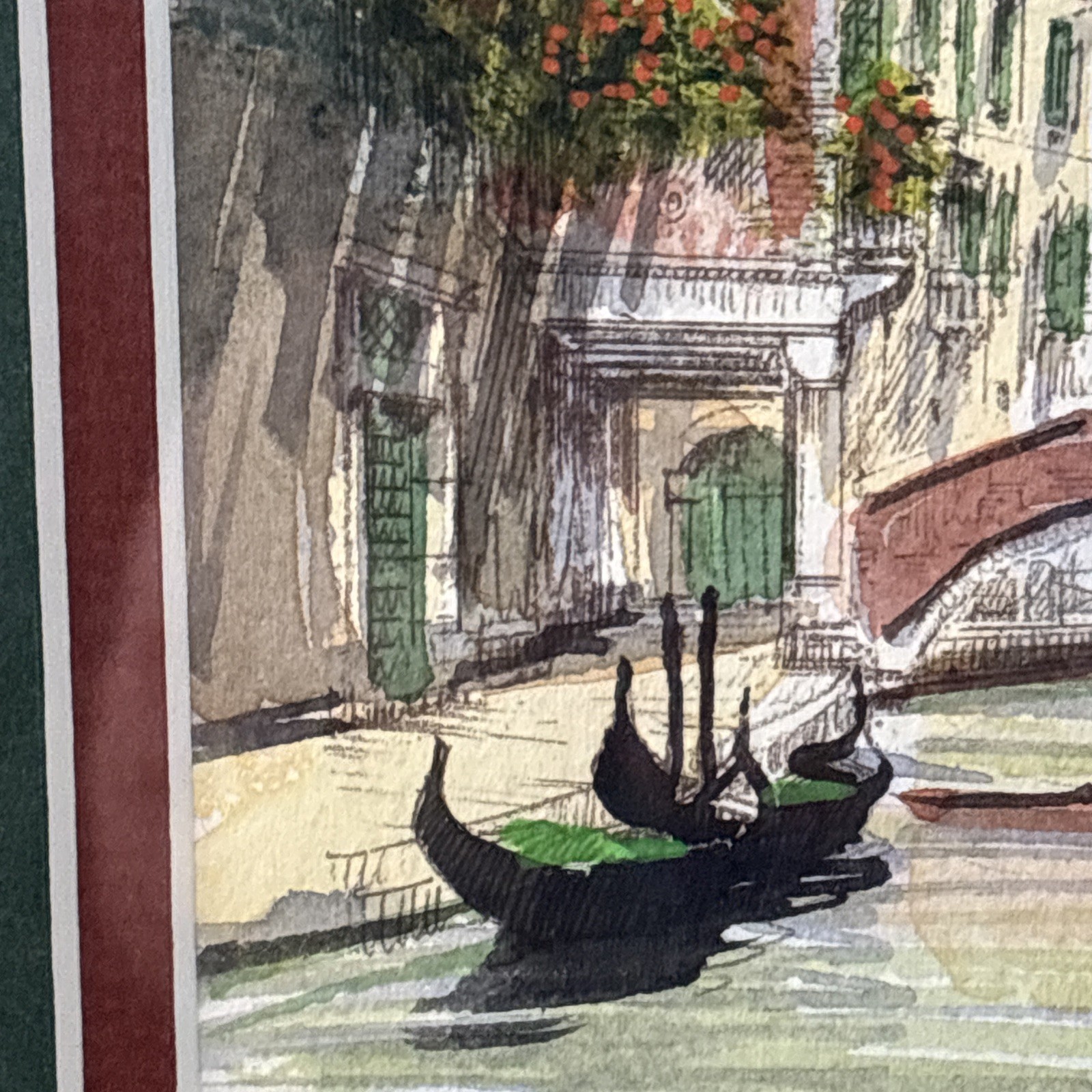 Venice Paintings Pair Signed Watercolor Gold Frame Vintage Canal Gondolier
