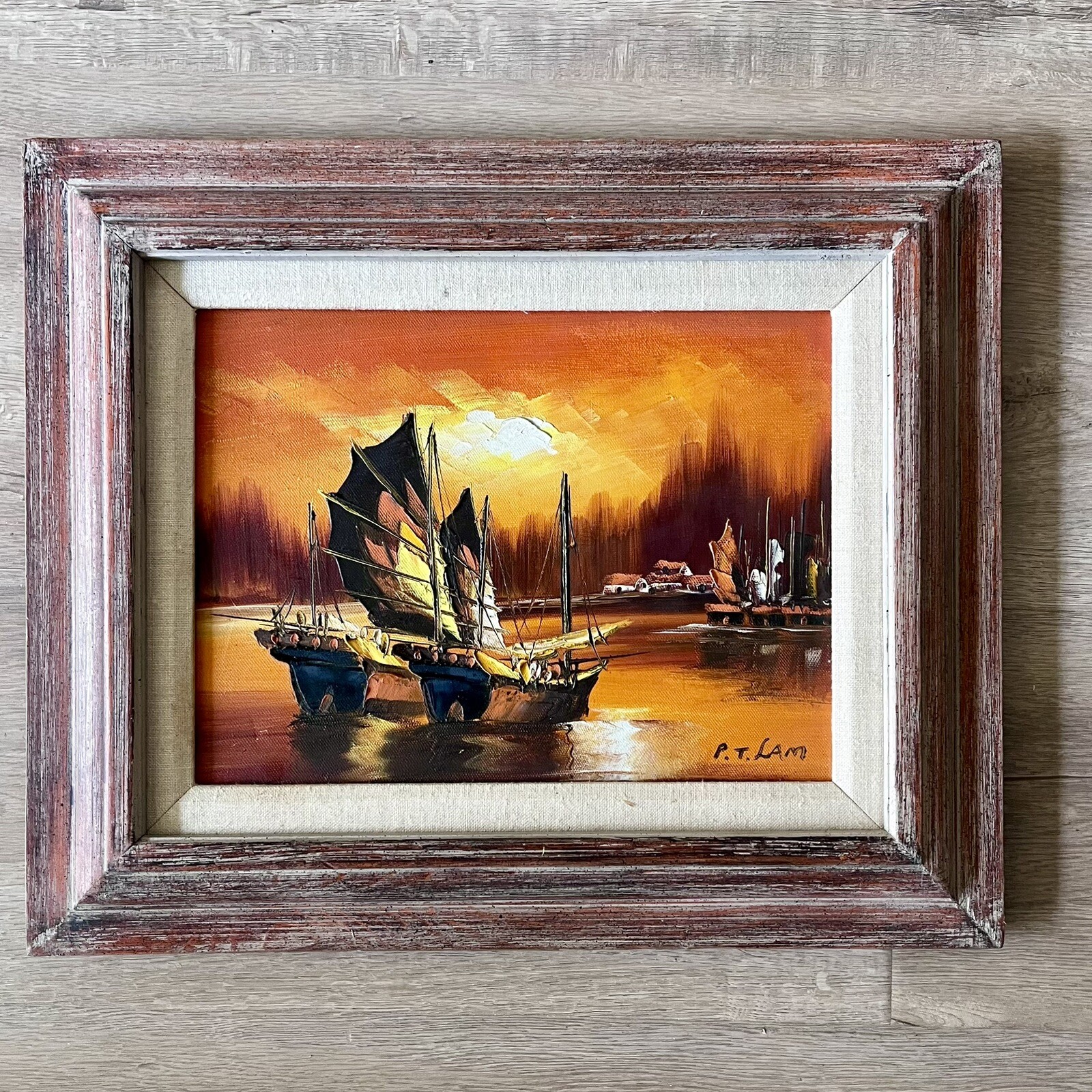 Vintage Framed Oil Painting on Canvas Sailboats Signed By P. T. Lam 17.5”x14.5”
