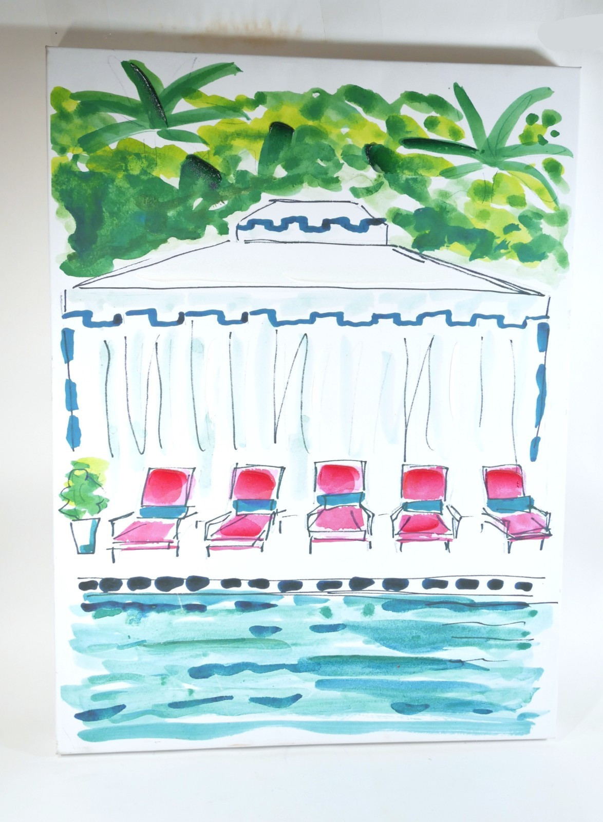 18″ x 24 At Home Beach Pool Beachfront Painting on Canvas ~ Palm Trees