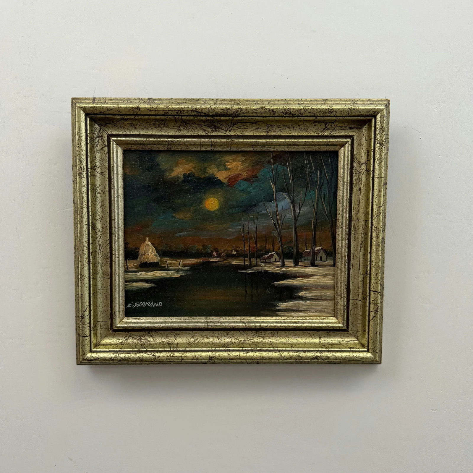 Expressive Winter Landscape Oil Painting «Full Moon» Refined Small Artwork