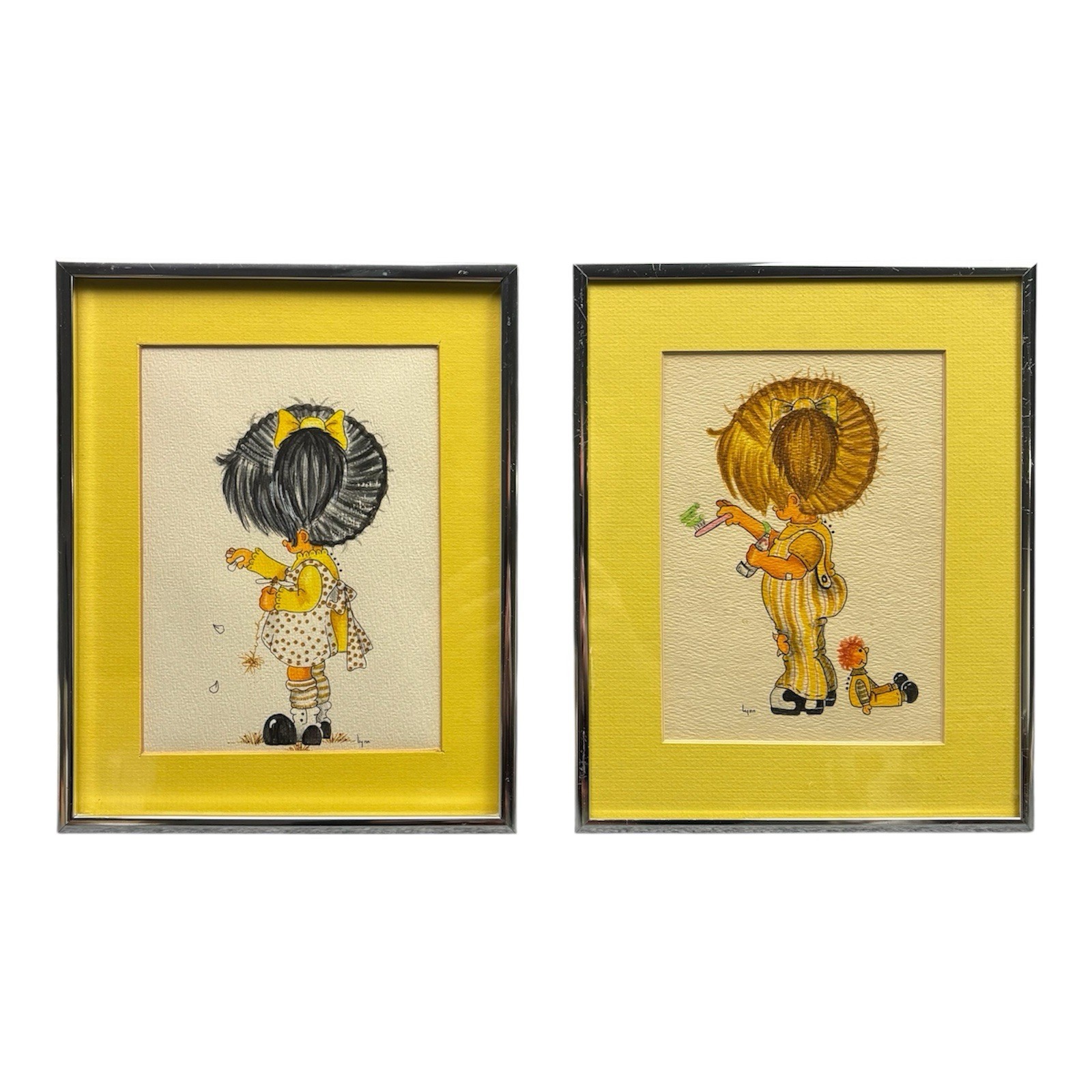 VTG 70s Lynn «Big Hair» Girl Prints Set of 2 Daisy Toothbrush Yellow Mat Chrome
