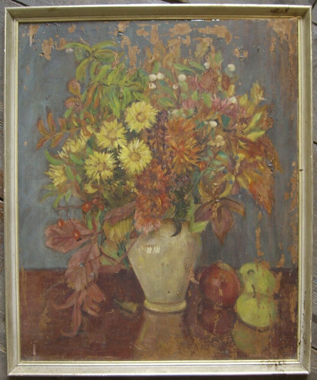 K.WOLFF SIGNED ANTIQUE STILL LIFE FLOWERS APPLES VASE BOUQUET FALL FRUITS FRUIT