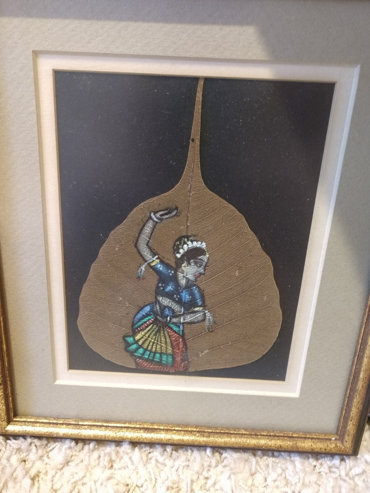 Vintage- Indian dancer Hand painted on a Pipal leaf , framed (Peepal) leaf-