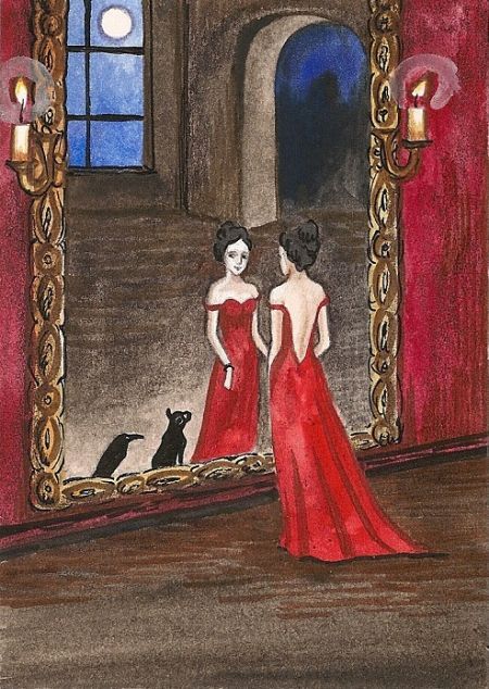 ACEO PRINT OF PAINTING RYTA CROW MAGIC WICCA WITCH BLACK CAT HALLOWEEN GOTHIC
