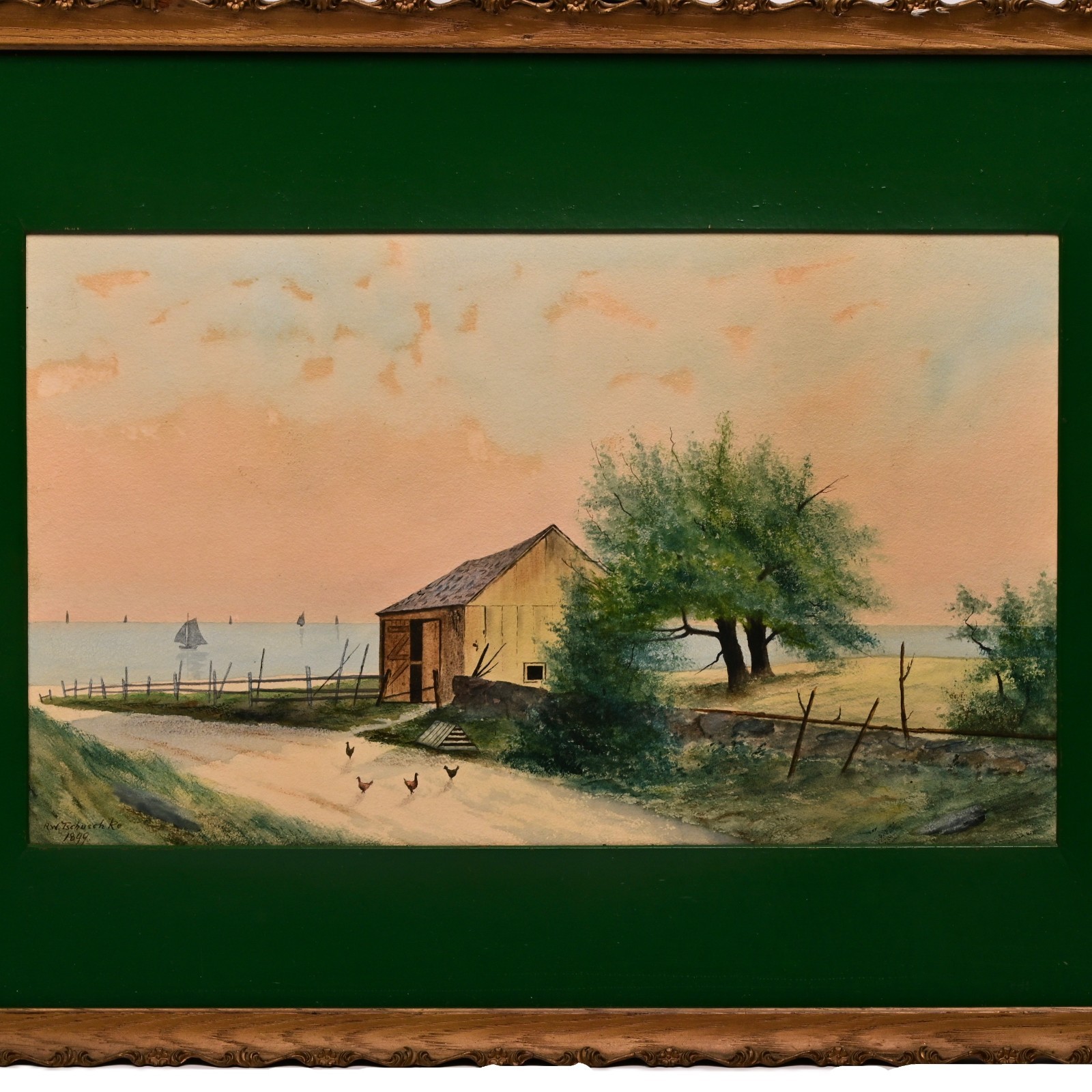 TSCHUSCHKE Original Vintage Signed 19thC House Barn Seascape Watercolor Painting