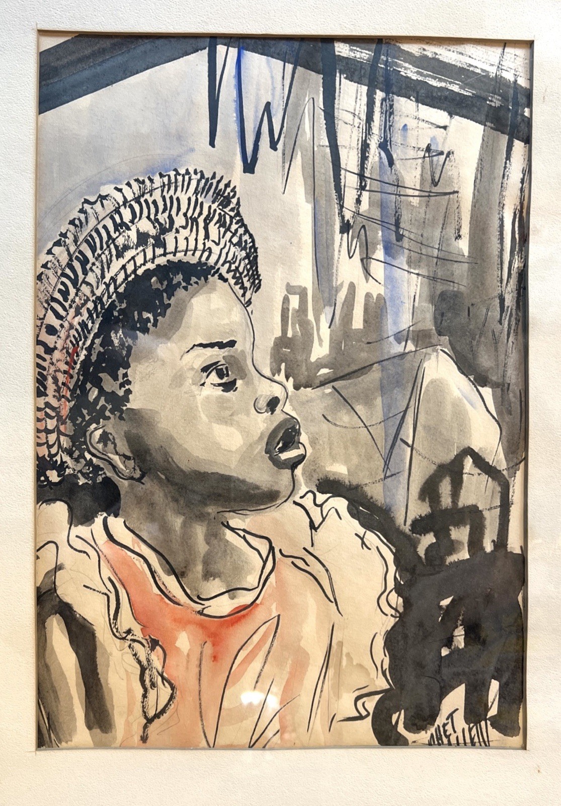 Watercolor & Ink Painting African American Girl Black Art Framed Signed