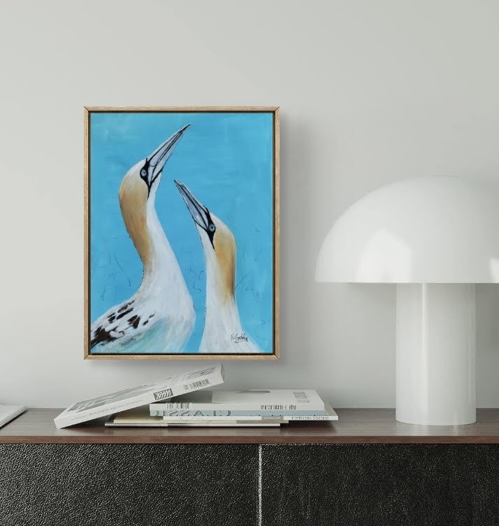 Original 9 x 12 Expressive Northern Gannets Birds Acrylic on Canvas Painting