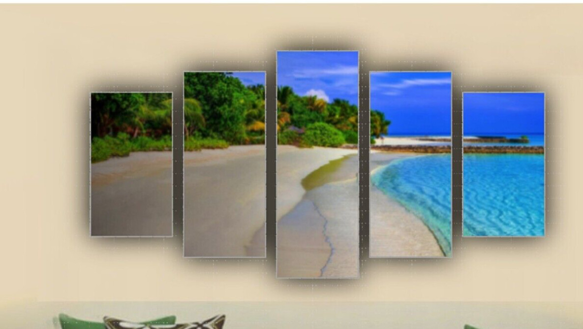 Canvas Wrap Art Hawalli Sandy beach Palm trees5 Panels Vintage XXL 40 x80 Inches